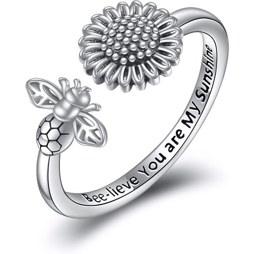 Sterling Silver Bee & Sunflower Open Ring with Engraved Word