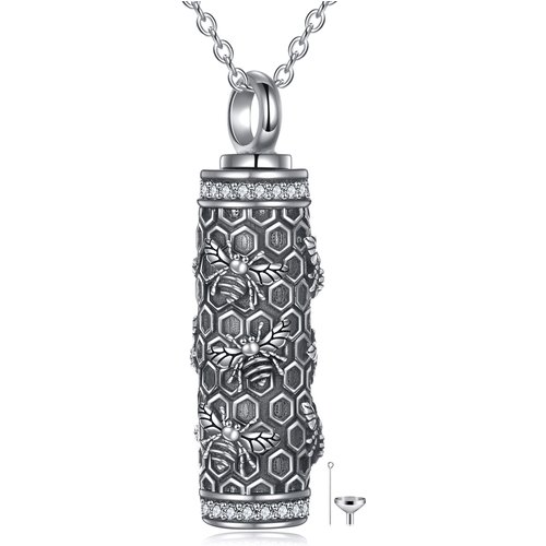 Sterling Silver Bees on Vertical Bar Urn Necklace for Ashes