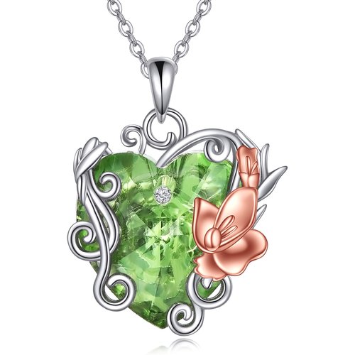 Sterling Silver Two-tone Ivy & Orchid Heart Crystal Pendant Necklace for Women