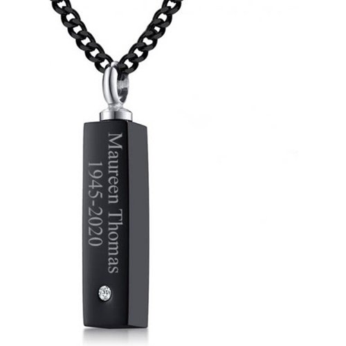 Sterling Silver With Black Plated Circular Cubic Zirconia Personalized Classic Name With Bar Urn Necklace For Ashes For Men