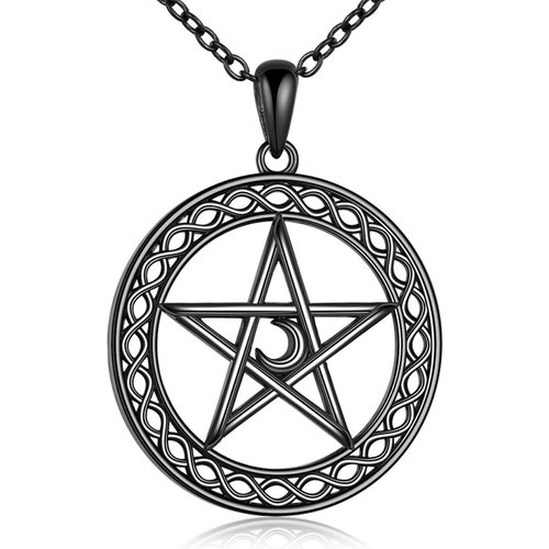 Sterling Silver with Black Color Plated Celtic Knot & Pentagram Pendant Necklace