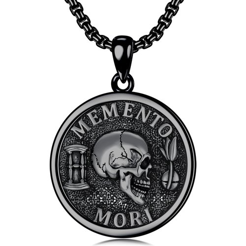 Sterling Silver with Black Color Plated Memento Mori Skull Pendant Necklace for Men