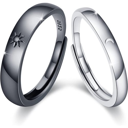 Sterling Silver with Black Color Plated Moon & Sun Couple Rings
