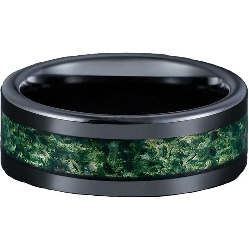 Sterling Silver with Black Color Plated Moss Agate Ring for Men