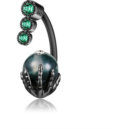 Sterling Silver with Black Color Plated Moss Agate Skull Belly Button Ring
