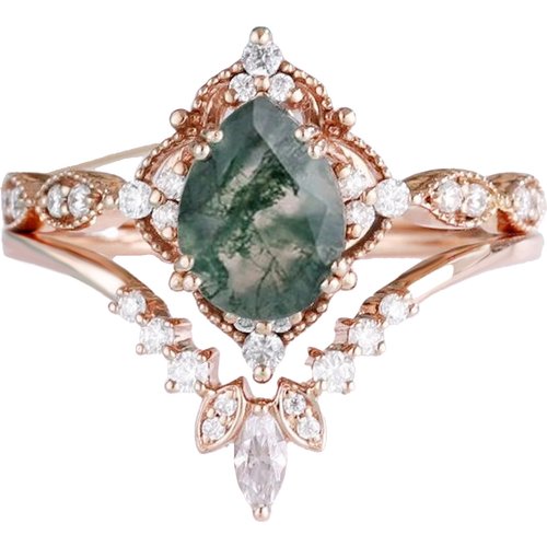 Sterling Silver with Rose Gold Plated Oval Moss Agate Engagement Ring