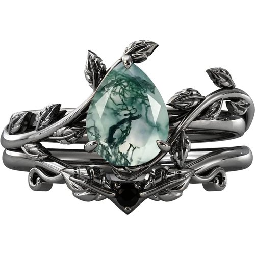 Sterling Silver with Black Color Plated Teardrop/Pear-shaped Moss Agate Ivy & Drop Shape Wedding Ring