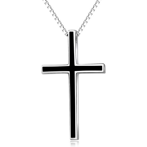 Sterling Silver Black Cross Pendant Necklace with Box Chain