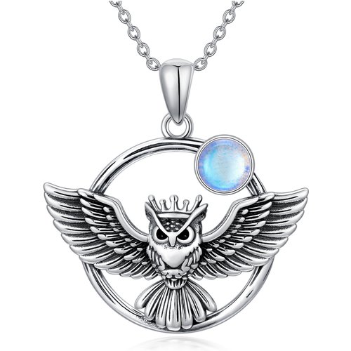 Sterling Silver with Black Plated Moonstone Owl Pendant Necklace