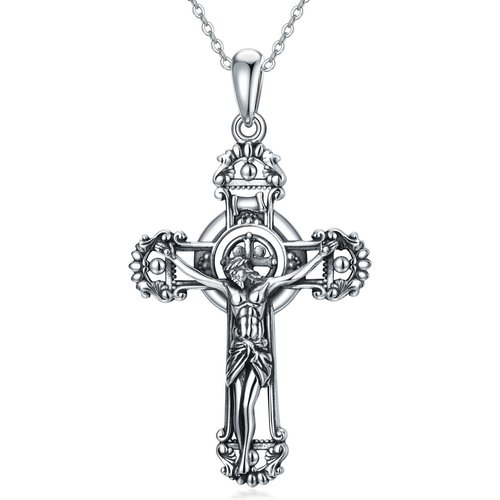 Sterling Silver with Black Rhodium Allah & Cross Pendant Necklace