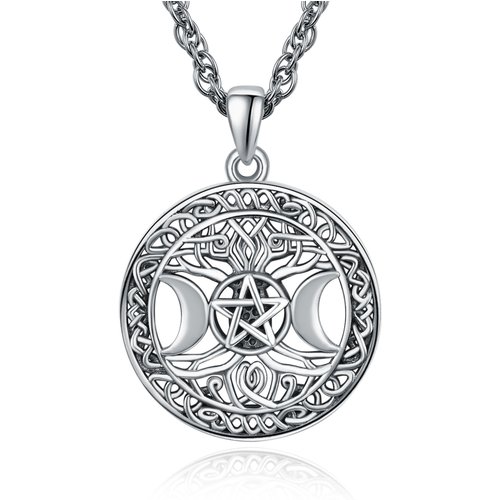 Sterling Silver with Black Rhodium Celtic Knot & Triple Moon Goddess Pendant Necklace