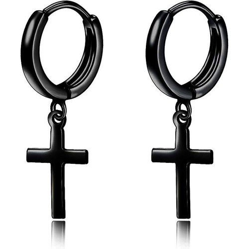 Sterling Silver with Black Rhodium Color Cross Drop Earrings
