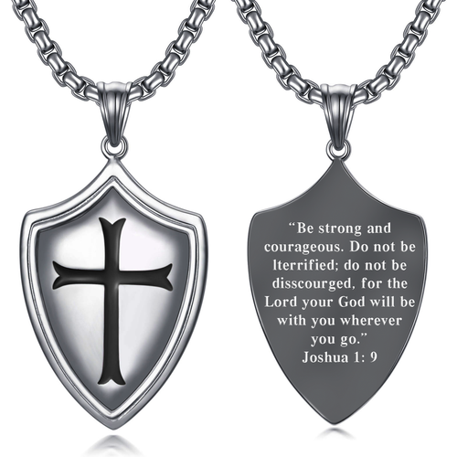 Sterling Silver with Black Rhodium Color Cross & Shield Pendant Necklace
