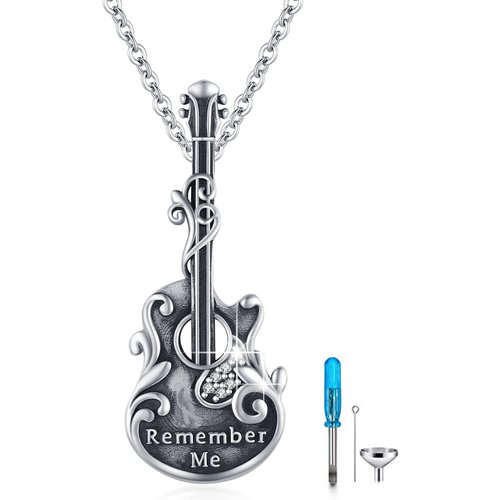 Sterling Silver With Black Rhodium Color Guitar Engraving Urn Necklace For Ashes