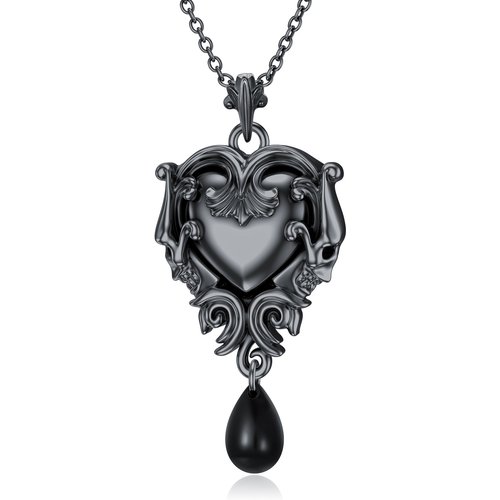 Sterling Silver with Black Rhodium Color Heart & Skull Pendant Necklace