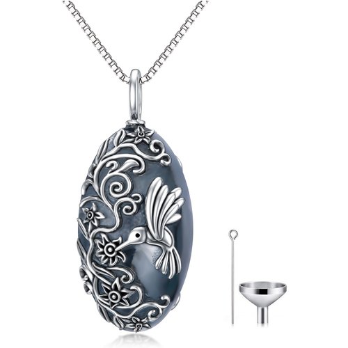 Sterling Silver with Black Rhodium Color Hummingbird Urn Necklace for Ashes