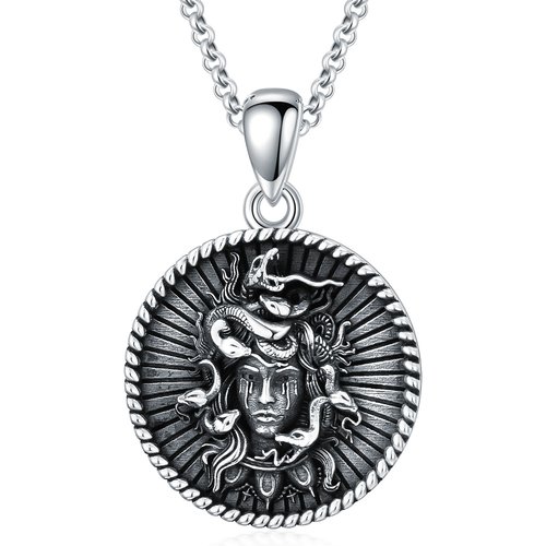 Sterling Silver with Black Rhodium Color Medusa Coin Pendant Necklace