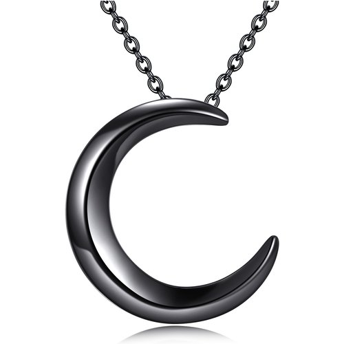 Sterling Silver with Black Rhodium Color Moon Pendant Necklace