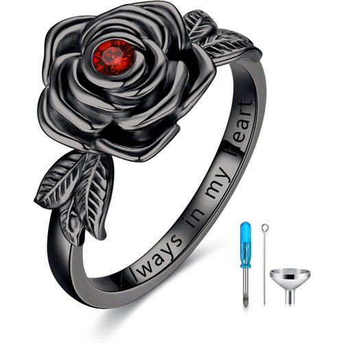 Sterling Silver with Black Rhodium Color Red Crystal Rose Cremation Urn Ring for Women