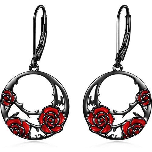 Sterling Silver with Black Rhodium Color Rose Lever-back Earrings