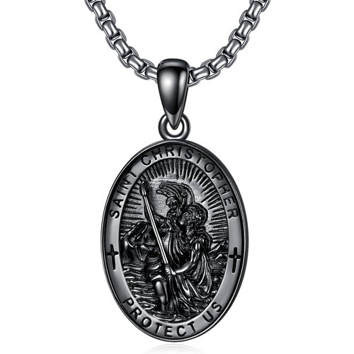 Sterling Silver With Black Rhodium Color Saint Christopher Pendant Engraving Necklace For Men