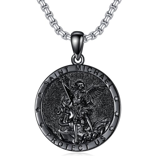 Sterling Silver With Black Rhodium Color Saint Michael Pendant Necklace With Engraved Word For Men