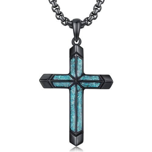 Sterling Silver with Black Rhodium Color Turquoise Cross Gothic Pendant Necklace for Men