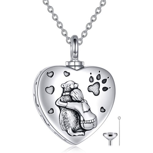 Sterling Silver Oxidized Heart Dog & Girl Urn Necklace Cremation Memorial Jewelry For Girl