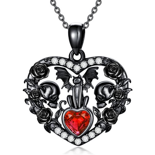 Sterling Silver With Black Rhodium Heart Zircon Cat With Bat & Skull With Rose Pendant Necklace Halloween