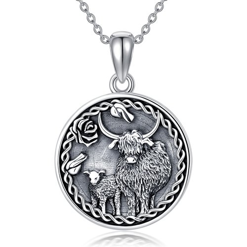 Sterling Silver with Black Rhodium Highland Cow & Celtic Knot Pendant Necklace