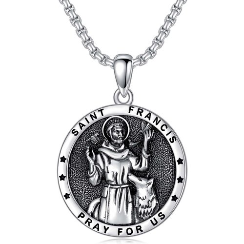 Sterling Silver With Black Rhodium Saint Francis Pendant Necklace With Engraved Word For Men