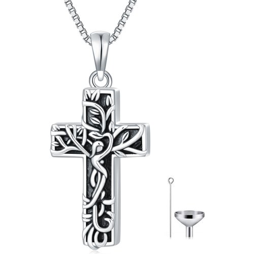 Sterling Silver With Black Rhodium Tree Of Life Urn Necklace For Ashes With Engraved Word
