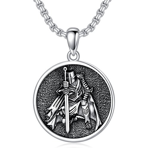 Sterling Silver with Black Rhodium Viking Rune Coin Pendant Necklace for Men