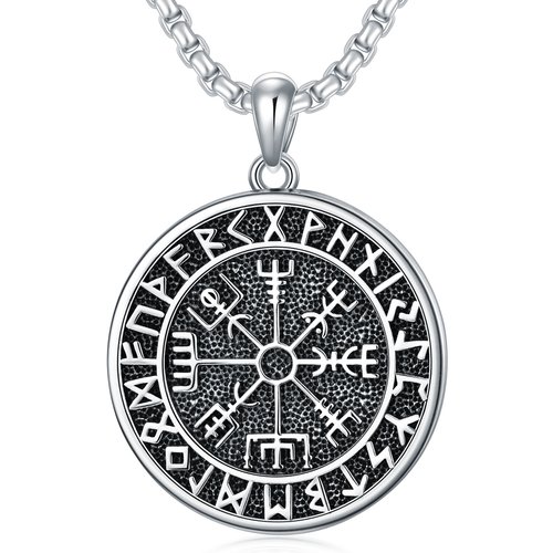 Sterling Silver with Black Rhodium Viking Rune Pendant Necklace for Men
