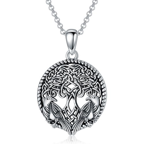 Sterling Silver with Black Plated Round Tree Of Life Pendant Necklace