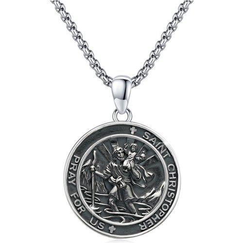 Sterling Silver Black St. Christopher Pendant Necklace for Men