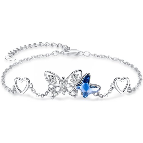 Sterling Silver Blue Crystal Butterfly & Heart Charm Bracelet