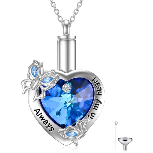 Sterling Silver Hear Blue Crystal Butterfly Urn Necklace For Ashes With Engraved Ward
