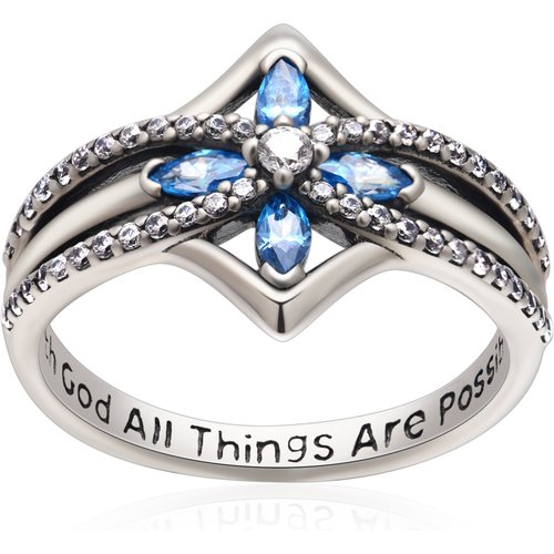 Sterling Silver Blue Crystal Cross With God All Things Are Possible Ring for Women