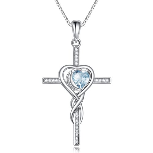Sterling Silver Blue Crystal Cross Heart Necklace for Women