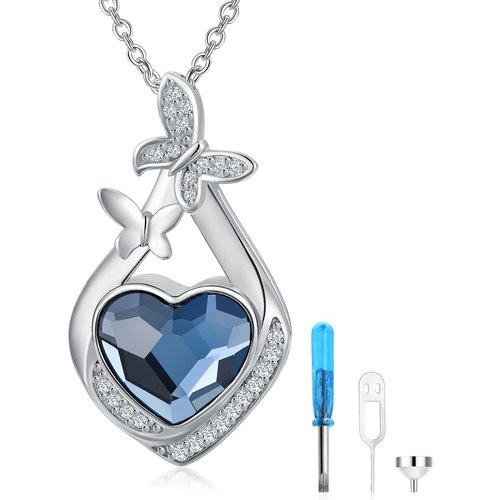 Sterling Silver Blue Heart Crystal Butterfly & Diamond Shaped Urn Necklace for Ashes