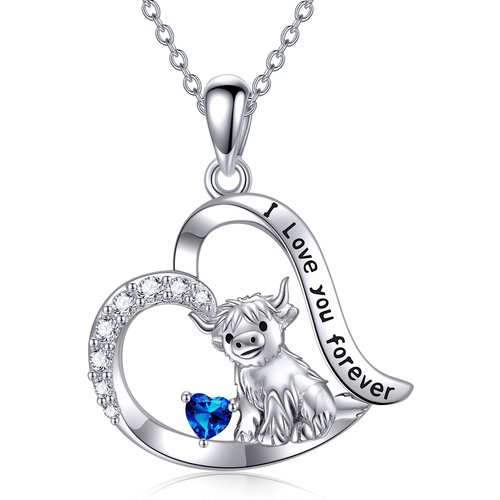 Sterling Silver Blue Cubic Zirconia Highland Cow & Heart Pendant Necklace with Engraved Word