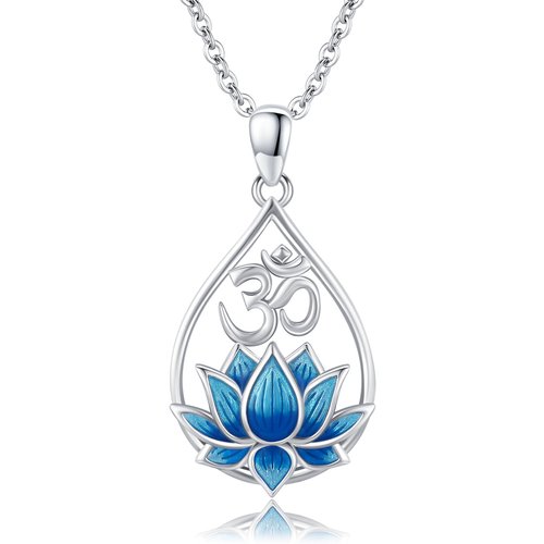 Sterling Silver Blue Lotus & Drop Shape Pendant Necklace