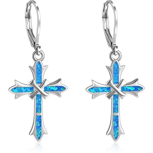 Sterling Silver Blue Opal Cross Lever-back Earrings for Women