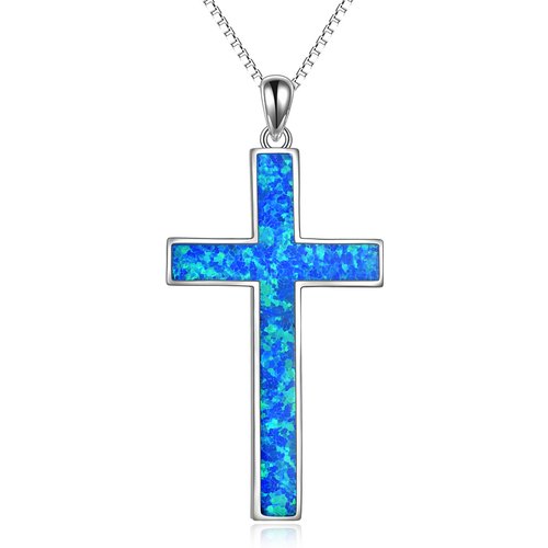 Sterling Silver Blue Opal Cross Pendant Necklace