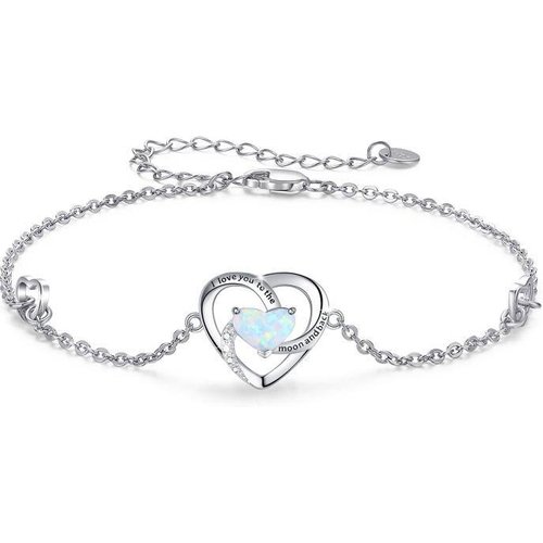 Sterling Silver Blue Opal Heart Charm I Love You to The Moon and Back Bracelet