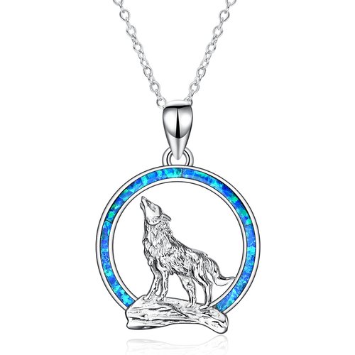Sterling Silver Blue Opal Wolf Pendant Necklace