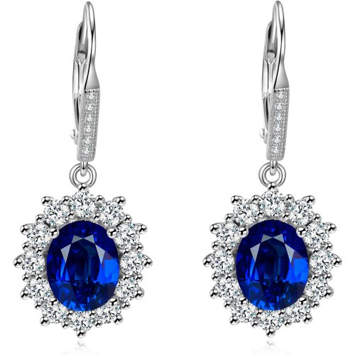 Sterling Silver Blue Oval Cubic Zirconia Flower Lever-back Earrings for Women