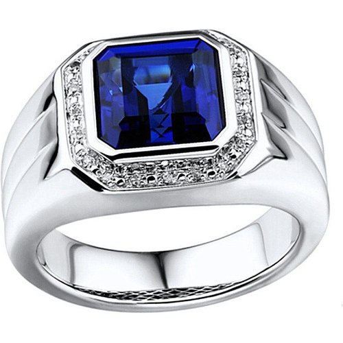 Sterling Silver Blue Sapphire And Moissanite Personalised Engraving Ring For Men