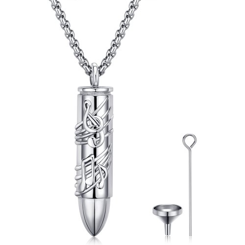 Sterling Silver Bullet & Music Symbol Urn Necklace for Ashes